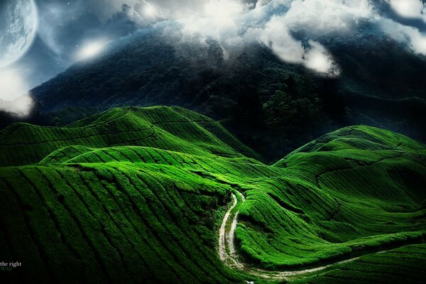 Mountain road through green hills