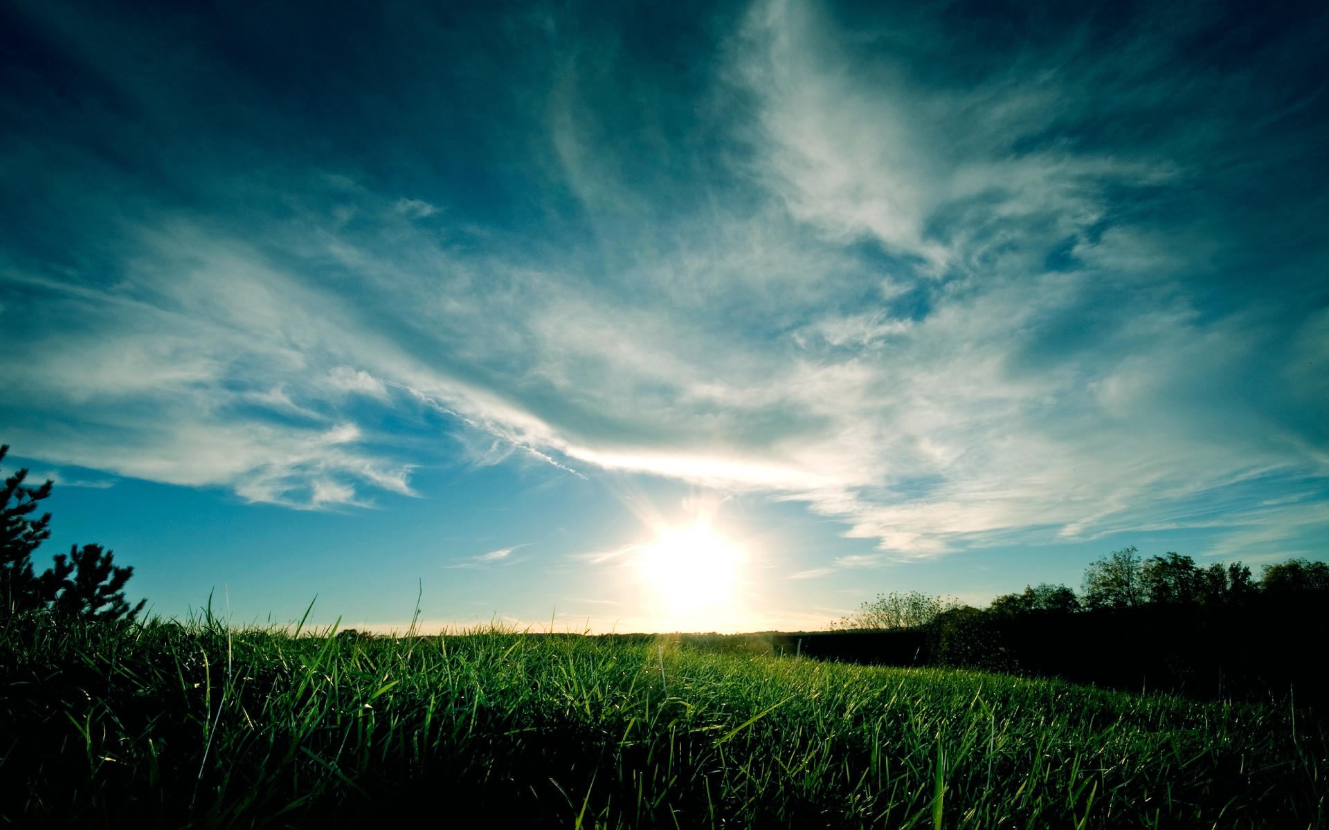 blue clouds grass green sky sunset