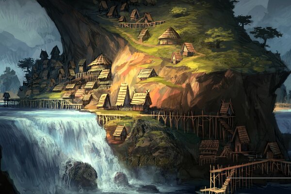 Fantasy Dorf am Fluss mit Wasserfall