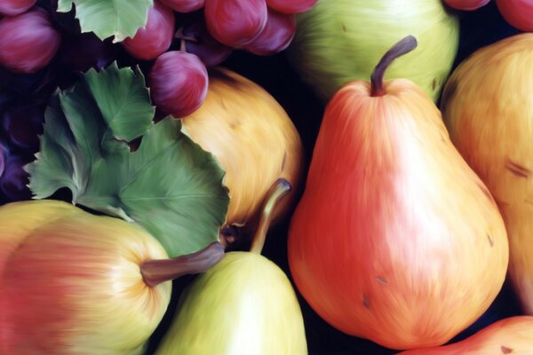 Still life with colorful pears and grapes