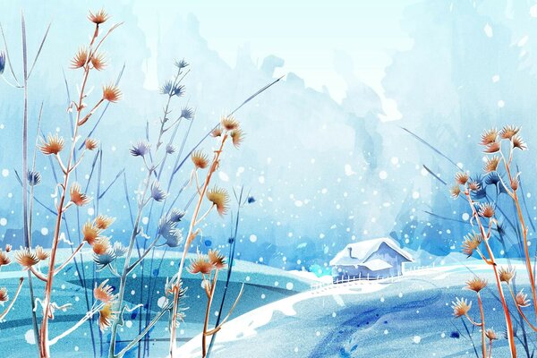 Drawing with colors of a beautiful winter day