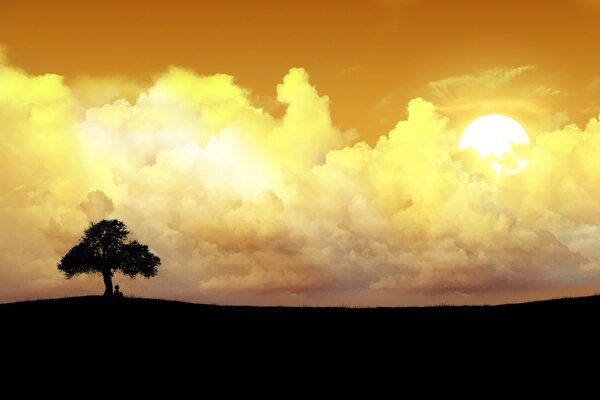 Un árbol en el horizonte bajo las nubes del atardecer