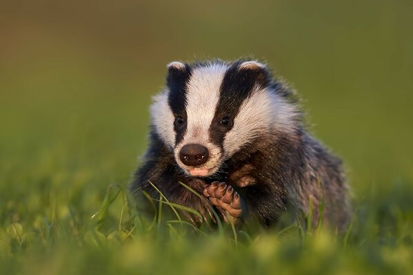 A badger is resting in the green grass