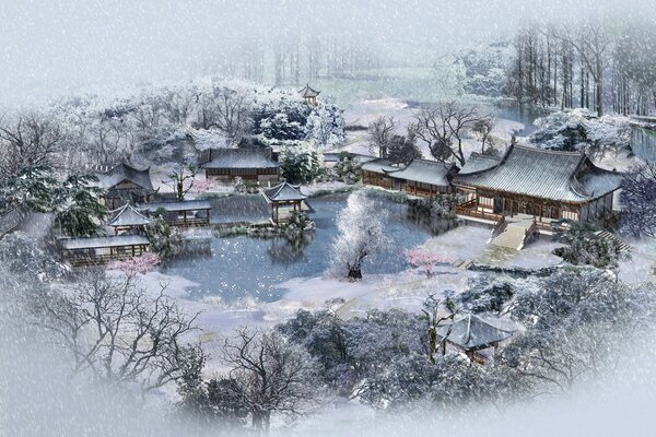 Vue sur les villages japonais en hiver sous la neige