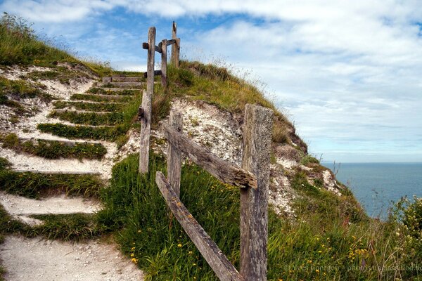 View of the seashore from the steps