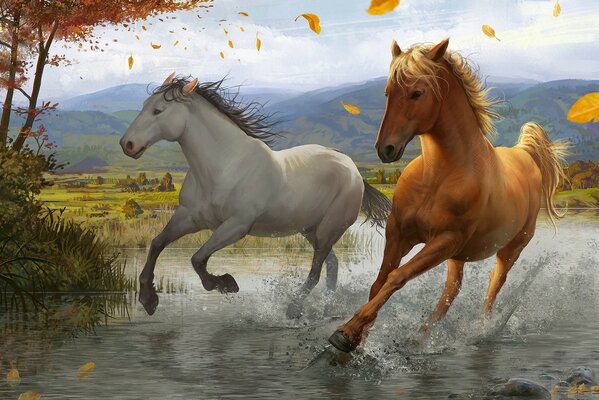 Two horses run down the river