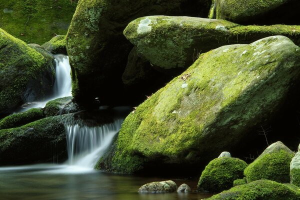 Landscape with waterfall and mossy boulders