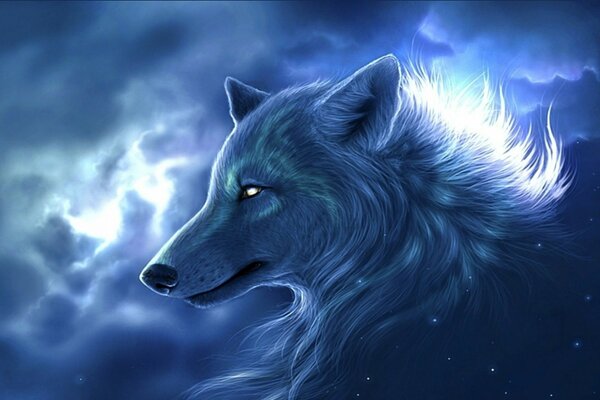 A blue wolf with burning eyes