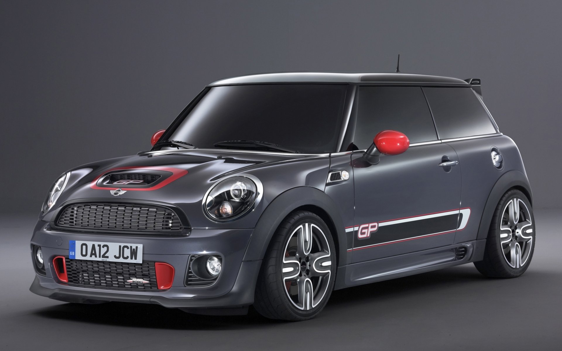 mini john cooper works gp mini hatchback front grey background