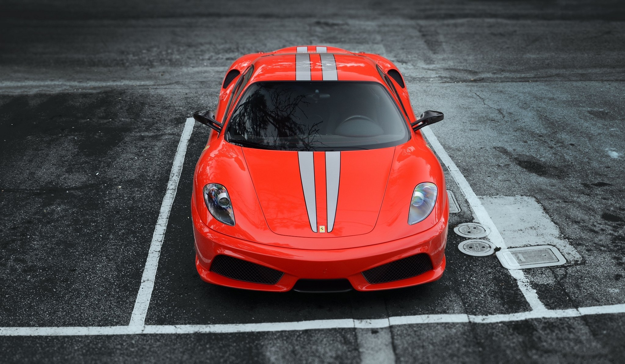 ferrari f430 scuderia czerwone ferrari f430 scuderia czerwony przód parking asfalt pasy