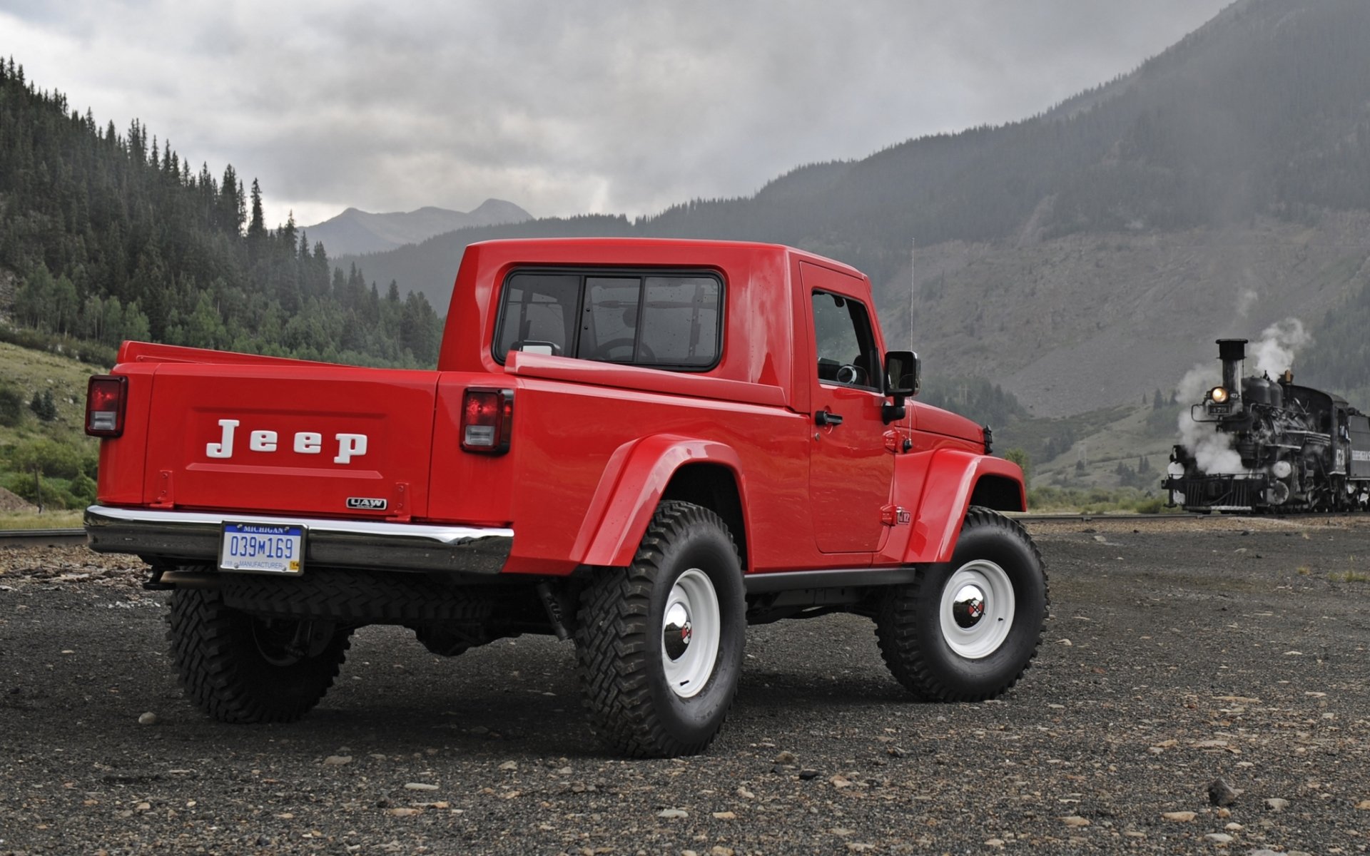 jeep j-12 concepto concepto camioneta rojo vista trasera paravoz.montañas cielo