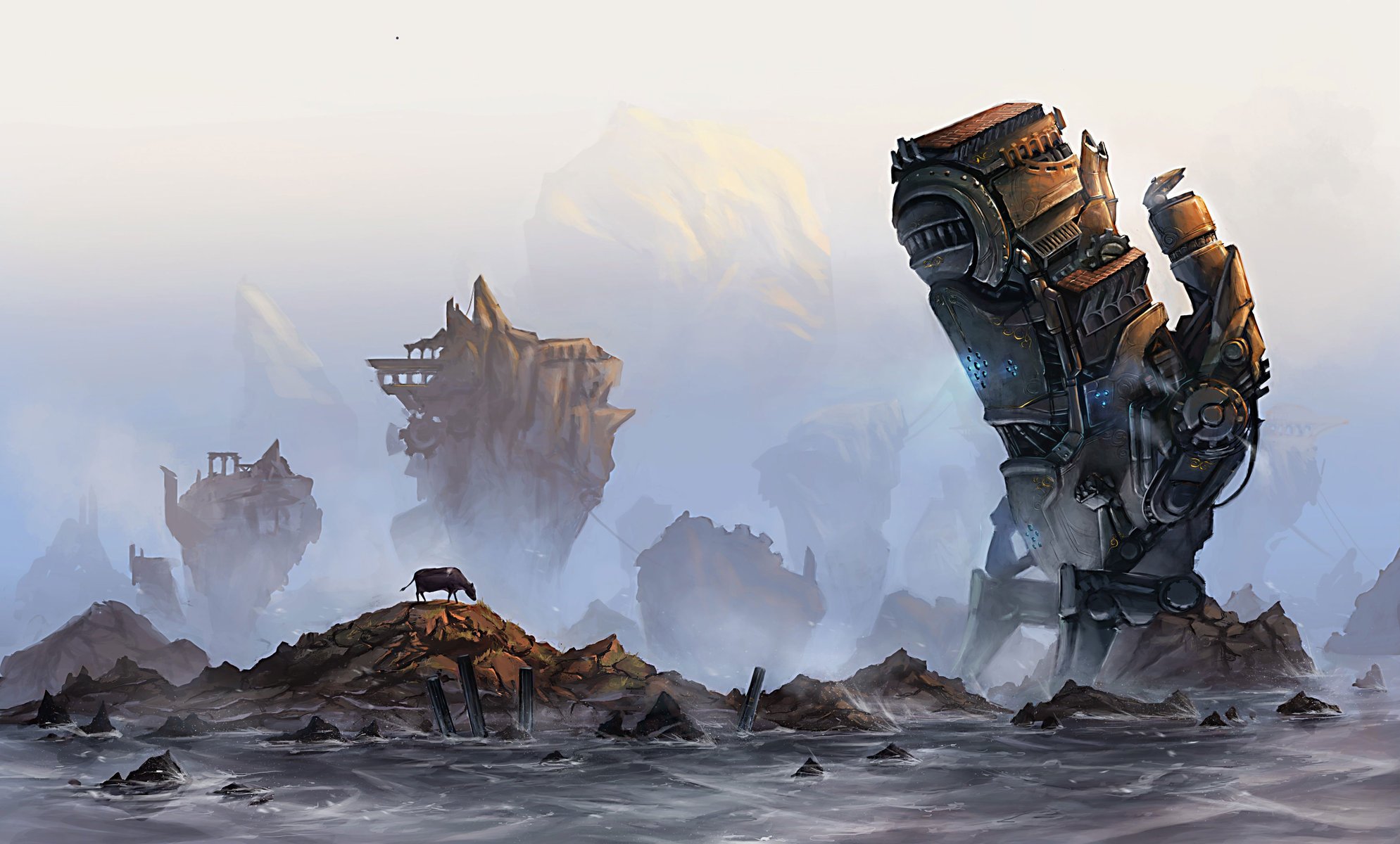 robot mechanism cow giant stones rocks sea