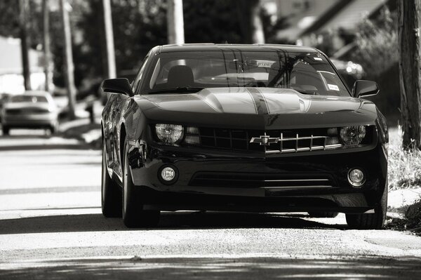 Chevrolet Camaro ss czarny sportowy samochód atomowy na drodze