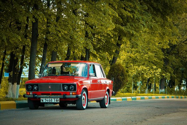 Red Zhiguli are standing near the trees