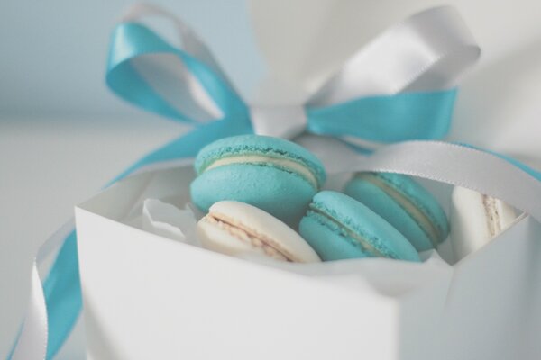 White and blue macaroons in a box