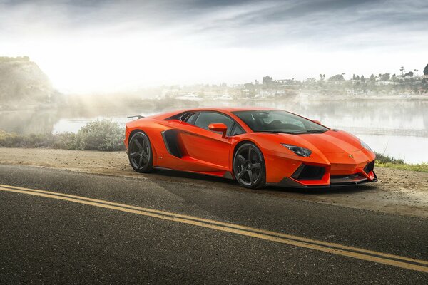 Orange Lamborghini Aventador in action