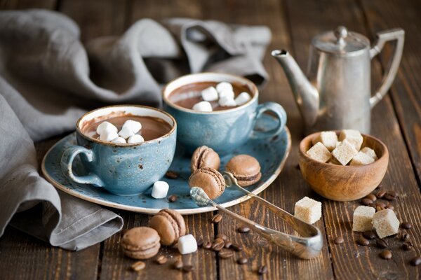 Hot chocolate with marshmallows, cocoa with marshmallows, cocoa and macaroons, cocoa and pasta