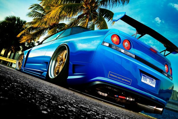 Blue Nissan Skyline Close-up from behind