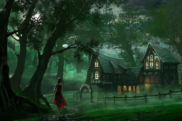 A house in the forest and a beautiful girl