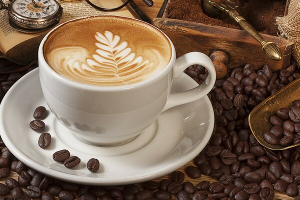 Coffee beans with a beautiful foam