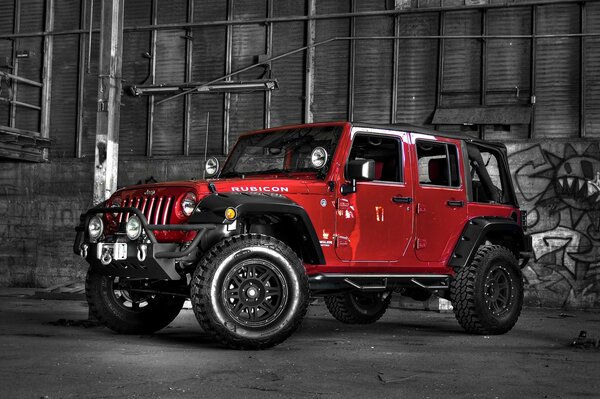 Brutalny Jeep Wrangler w hangarze