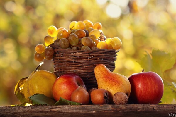 Natura morta di frutta su un vaso su sfondo autunnale