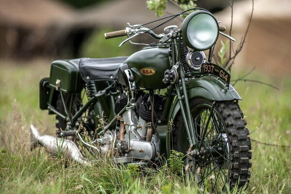 International gathering of WWII military equipment. British motorcycle BSA g14 1937, manufacturer birmingham small arms company. 2-cylinder, v-shaped, lower valve, engine, power, 25 hp