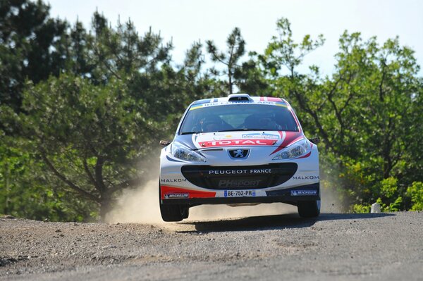 Peugeot blanco durante una carrera de Rally