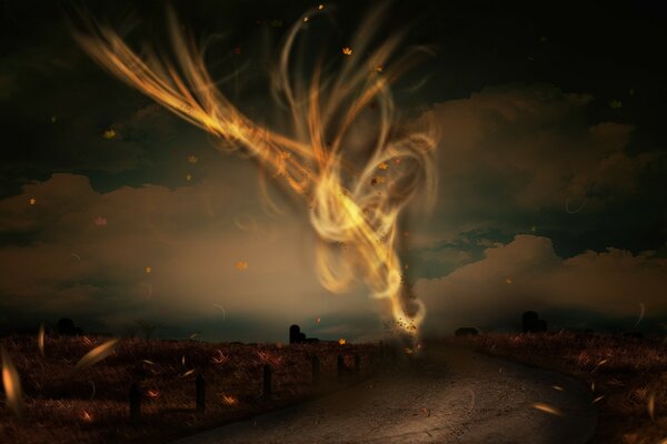 A flaming whirlwind rushes in the middle of the road, drawing