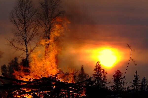 The fire is burning. Sunset