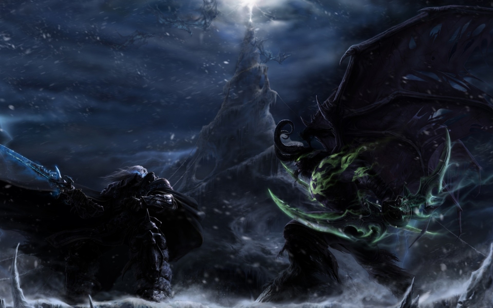 illidan arthas menethil peintures bataille tempête neige fantaisie mmorpg nuit