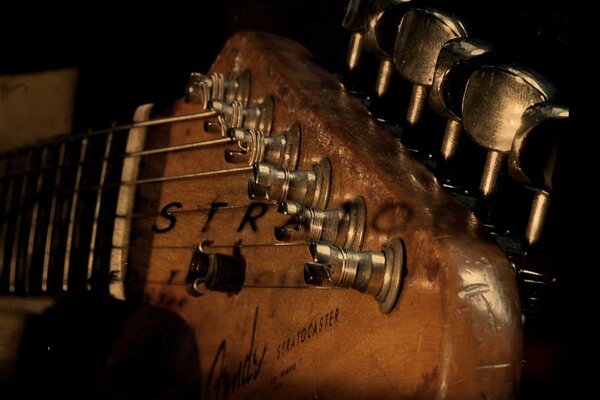 Guitar strings and pegs. Close-up