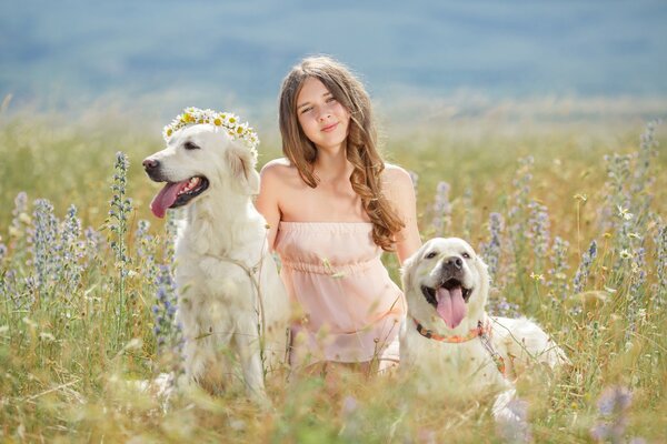 Linda chica sentada en el campo con dos perros