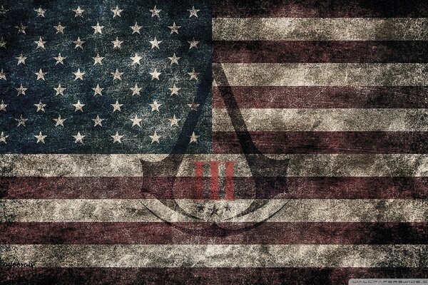 Die assassins creed ubisoft Logos auf der Flagge von Amerika