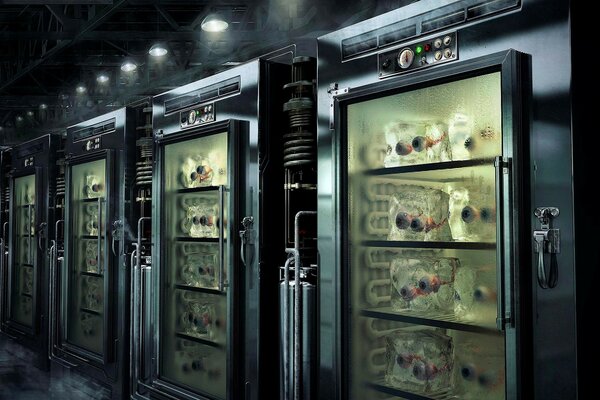 Warehouse of refrigerators with frozen eyes