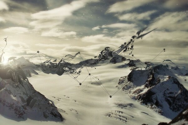 Neige dans les montagnes. Lignes et points sur fond de montagnes