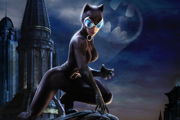 Catwoman en el fondo de un rascacielos por la noche