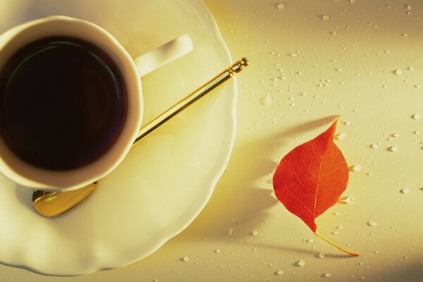 An orange leaf is lying next to a cup of coffee