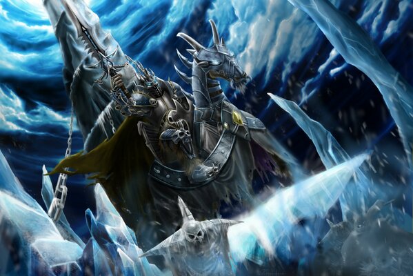 Drawing of the warcraft game. undead on horseback with a sword in their hands against the background of ice