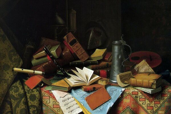 Table de nature morte avec des livres et des notes