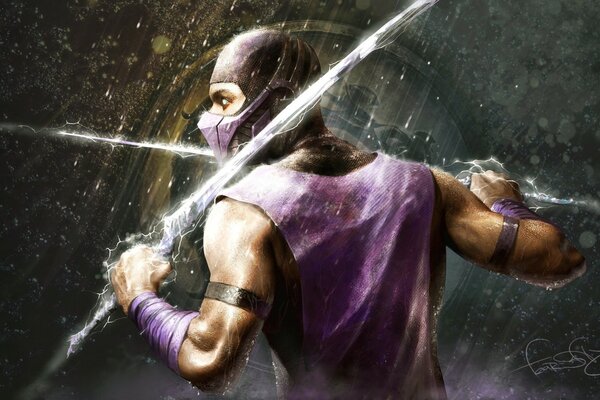 Mortal kombat. personnage Rhin avec des épées sous la pluie