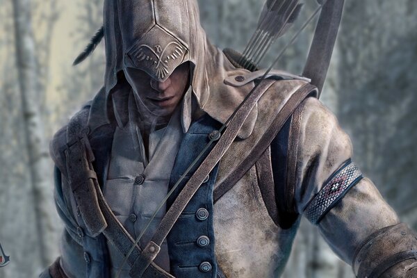 Assassins creed. guerrero Connor en traje blanco con armas