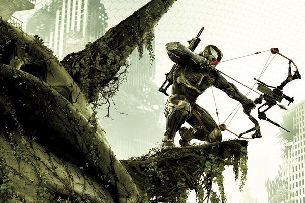 Un luchador en un nanotraje con un arco de batalla del juego crysis