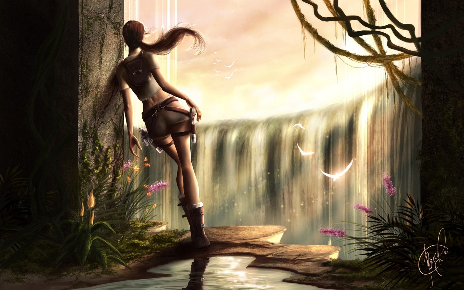 chica luz lara croft pared cascada