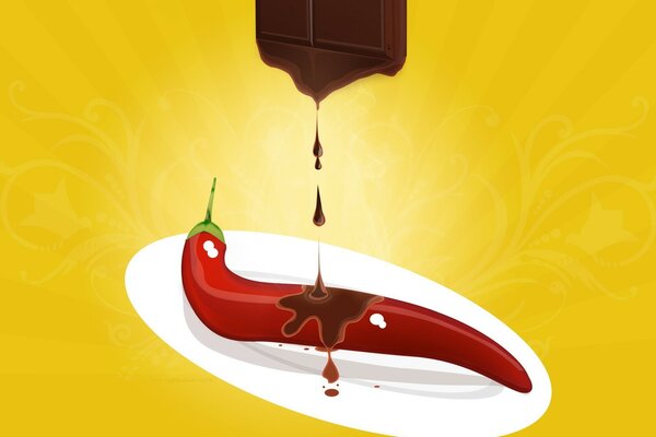 Dark chocolate drips on hot red pepper