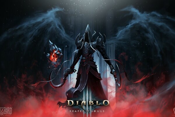 На черном фоне diablo с оружием