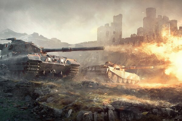 Tanks on fire on the battlefield