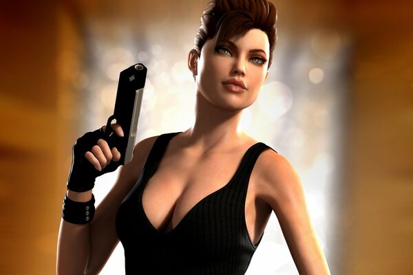 Lara Croft holds a gun in her hand