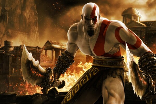 Kratos Das Gespenst von Sparta vor dem Hintergrund des brennenden Poseidons