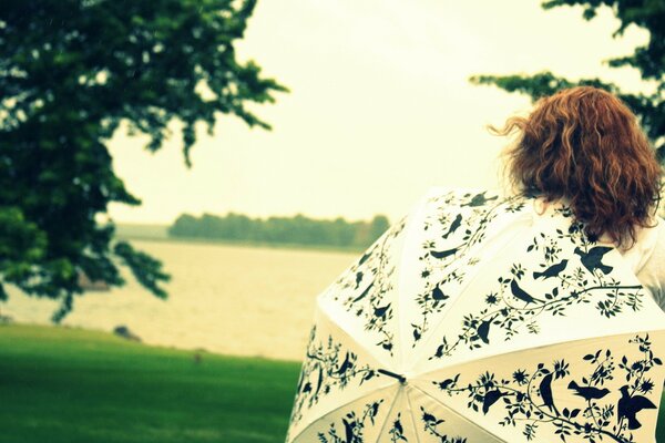 A girl with an umbrella admires nature